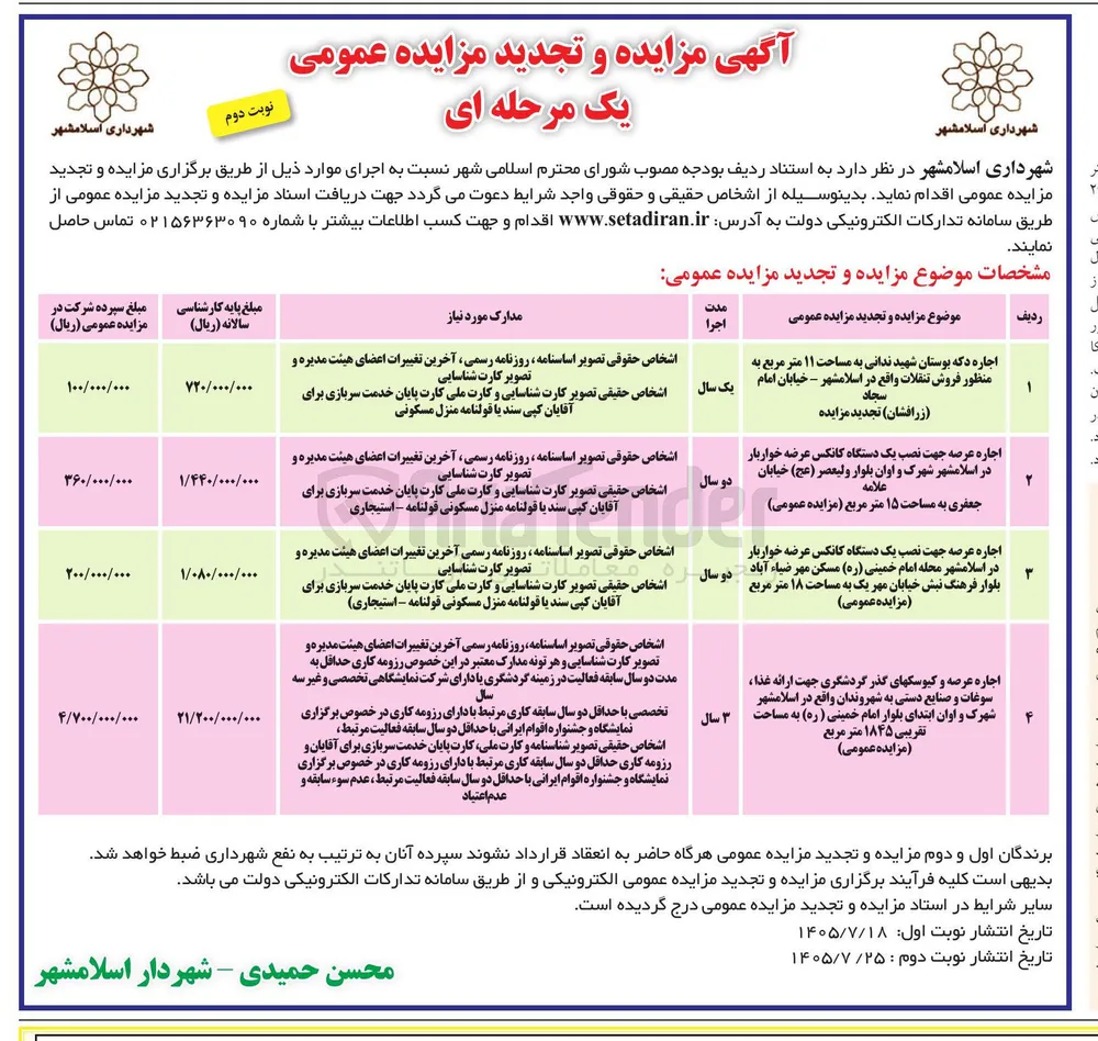 اجاره عرصه جهت نصب یک دستگاه کانکس عرضه خواربار