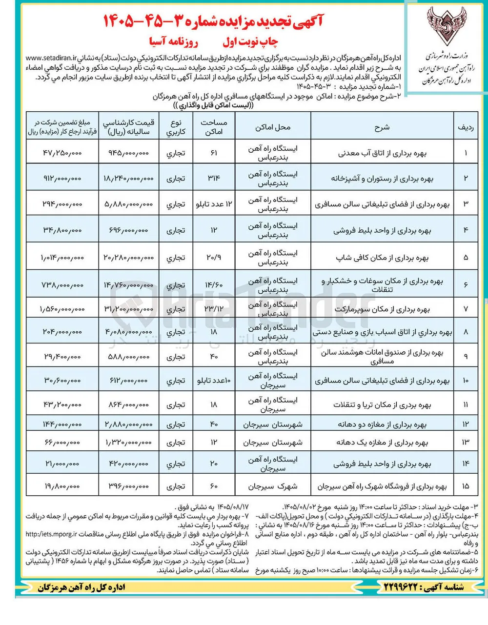 فروش اماکن موجود در ایستگاه های مسافری (شامل بهره برداری از اماکن تجاری، تبلیغاتی، رستوران، کافی شاپ، سوپرمارکت و...)
