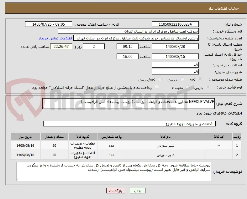 NEEDLE VALVE مطابق مشخصات و الزامات پیوست (پیوست پیشنهاد فنی الزامیست)