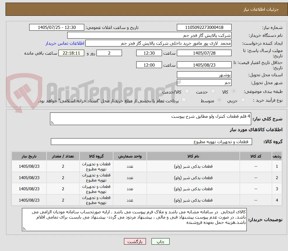 4 قلم قطعات کنترل ولو مطابق شرح پیوست