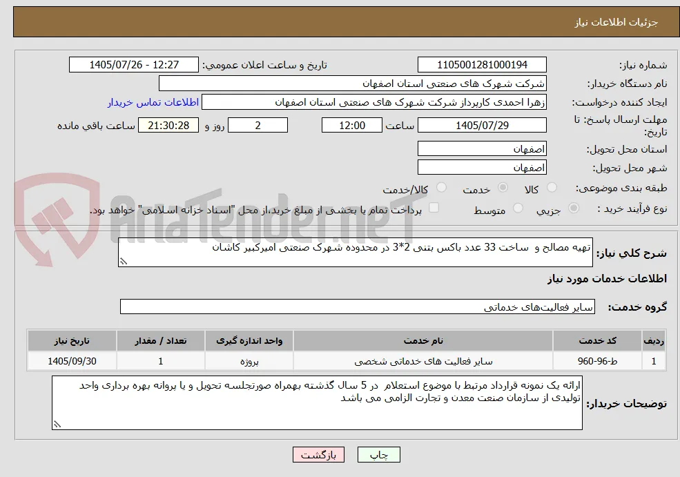 تهیه مصالح و  ساخت 33 عدد باکس بتنی 2*3 در محدوده شهرک صنعتی امیرکبیر کاشان 