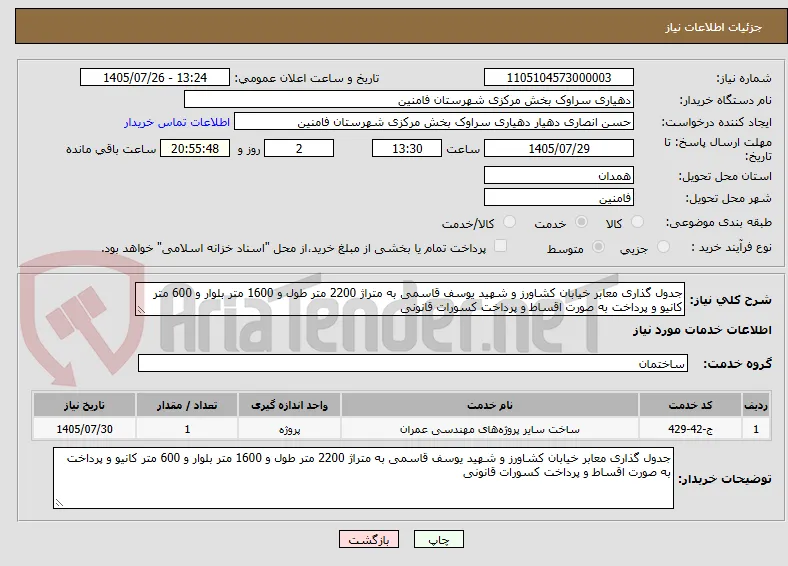 جدول گذاری معابر خیابان کشاورز و شهید یوسف قاسمی به متراژ 2200 متر طول و 1600 متر بلوار و 600 متر کانیو و پرداخت به صورت اقساط و پرداخت کسورات قانونی