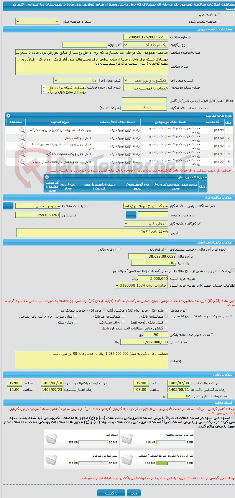 مناقصه عمومی یک مرحله ای بهسازی که برق داخل روستا از منابع عوارض برق ماده 5 شهرستان دنا عمرانی -کلید در دست