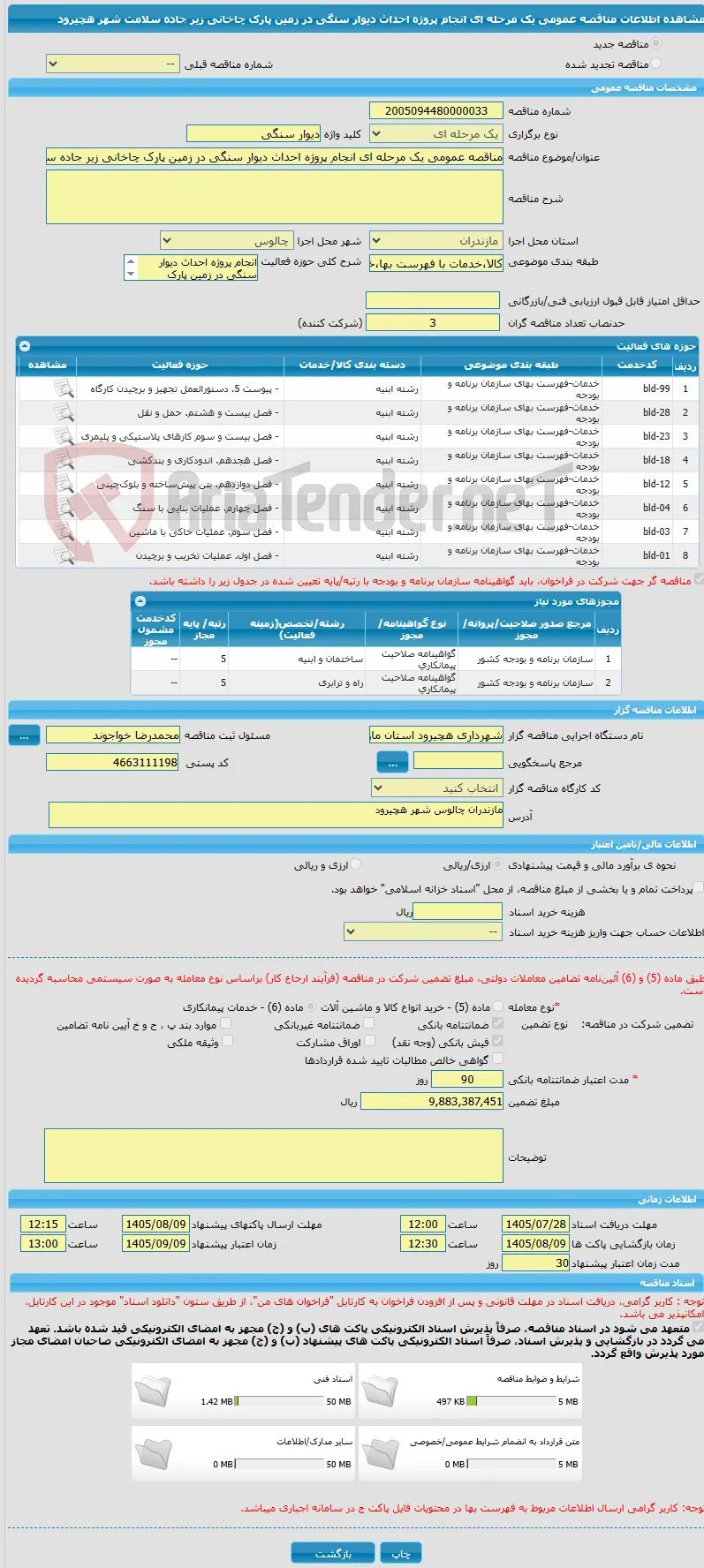 مناقصه عمومی یک مرحله ای انجام پروژه احداث دیوار سنگی در زمین پارک چاخانی زیر جاده سلامت شهر هچیرود 