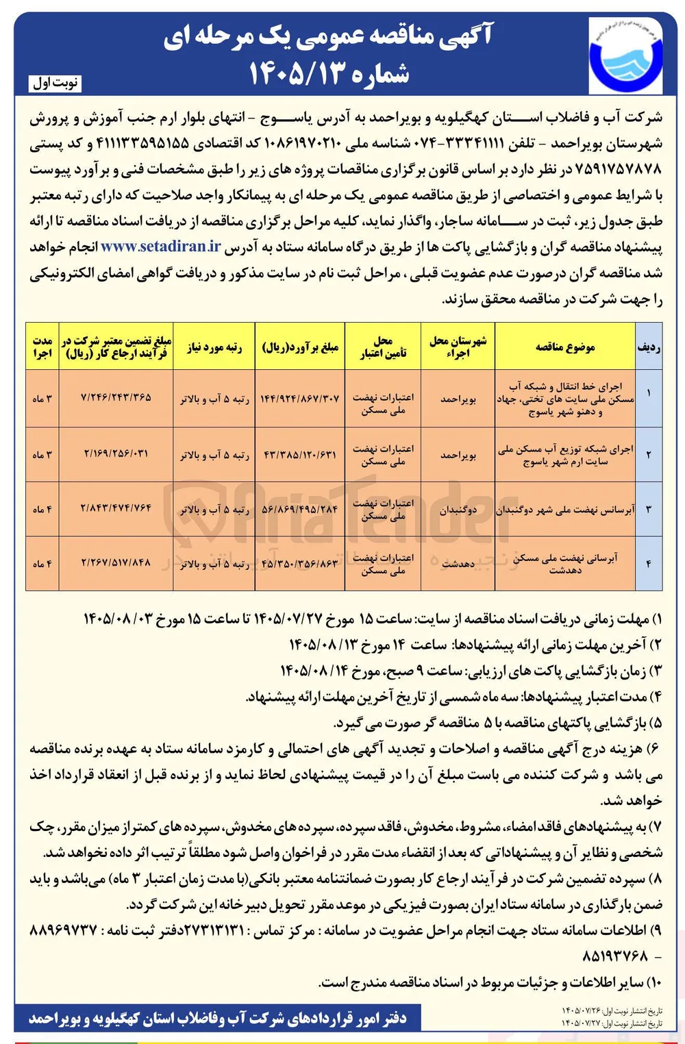  اجرای خط انتقال و شبکه آب مسکن ملی سایت های تختی، جهاد و دهنو شهر یاسوج