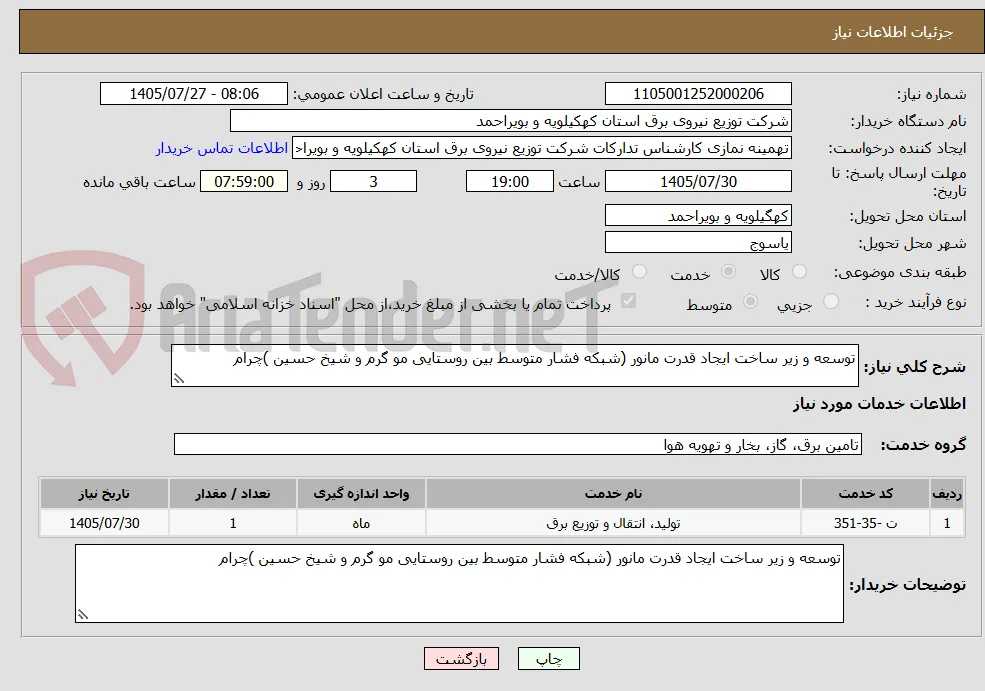 توسعه و زیر ساخت ایجاد قدرت مانور (شبکه فشار متوسط بین روستایی مو گرم و شیخ حسین )چرام 