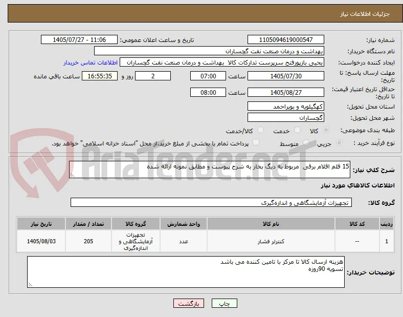 15 قلم اقلام برقی  مربوط به دیگ بخار به شرح پیوست و مطابق نمونه ارائه شده 
