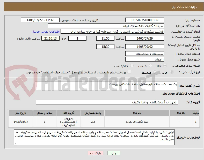 یک عدد کمد جای دارو مطابق مشخصات فنی پیوست