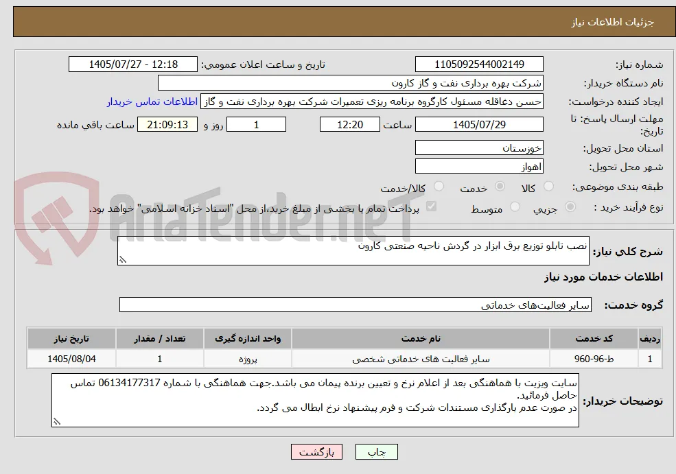 نصب تابلو توزیع برق ابزار در گردش ناحیه صنعتی کارون