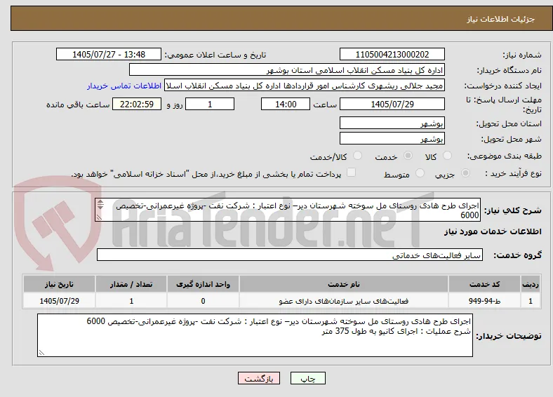 اجرای طرح هادی روستای مل سوخته شهرستان دیر– نوع اعتبار : شرکت نفت -پروژه غیرعمرانی-تخصیص 6000
شرح عملیات : اجرای کانیو به طول 375 متر

