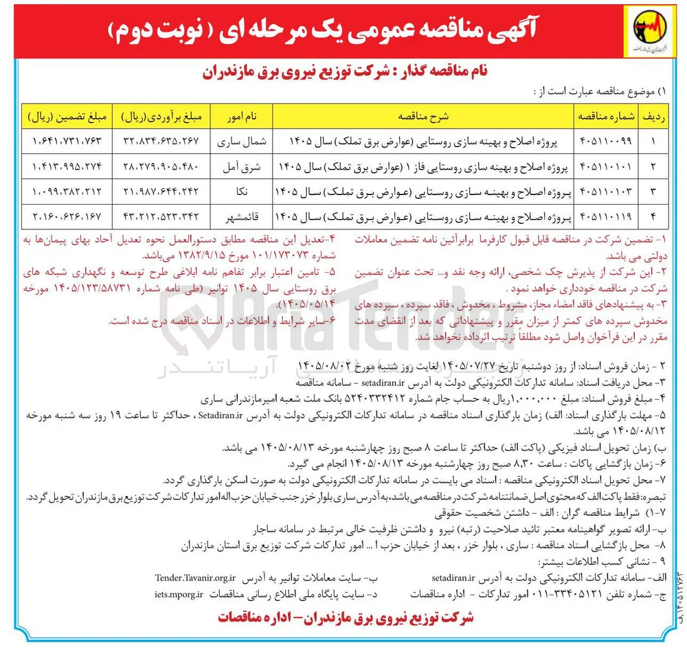  پروژه اصلاح و بهینه سازی روستایی (عوارض برق تملک) سال ۱۴۰۵ 