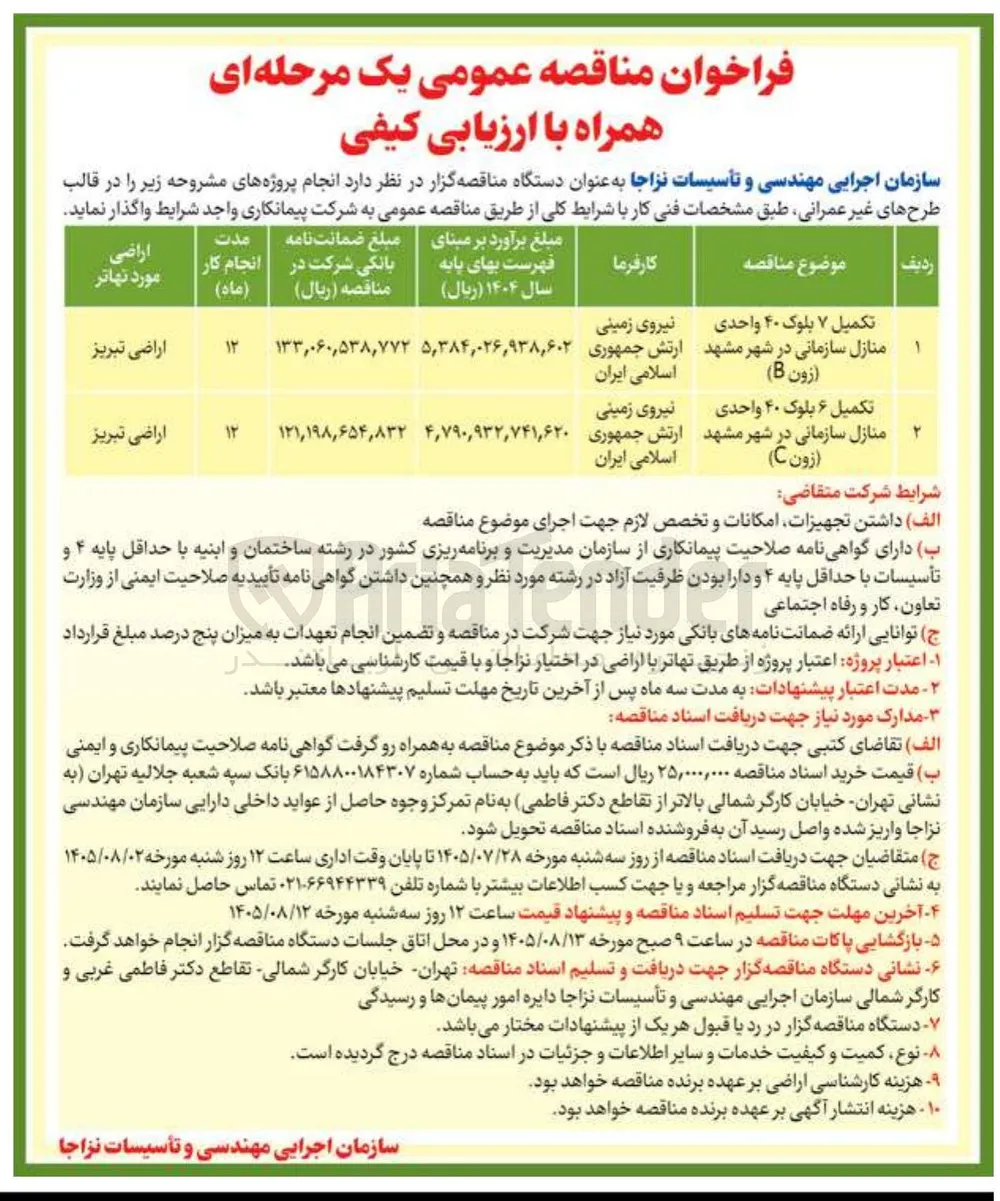تکمیل ۷ بلوک ۴۰ واحدی منازل سازمانی در شهر مشهد (زون B)
