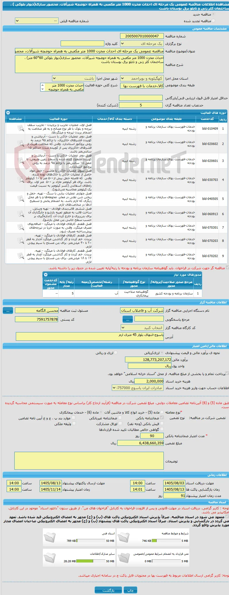 مناقصه عمومی یک مرحله ای احداث مخزن 1000 متر مکعبی به همراه حوضچه شیرآلات، محصور سازی(دیوار بلوکی ) ، ساختمان کلر زنی و تابلو برق بوستان باشت