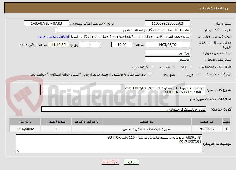 کارتA030 مربوط به تریستورهای باتری شارژ 110 ولت 
   09171257394 GUTTOR