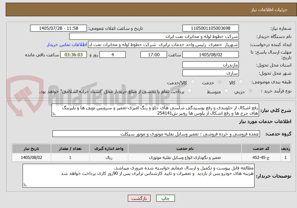 رفع اشکال از جلوبندی و رفع پوسیدگی شاسی های جلو و رنگ امیزی-تعمیر و سرویس توپی ها و بلبرینگ های چرخ ها و رفع اشکال از پلوس ها رونیز ش254141 