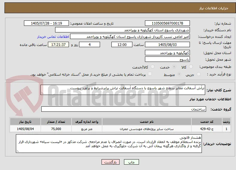 ترآش آسفالت معابر سطح شهر یاسوج با دستگاه آسفالت تراش برابرشرایط و برآورد پیوست