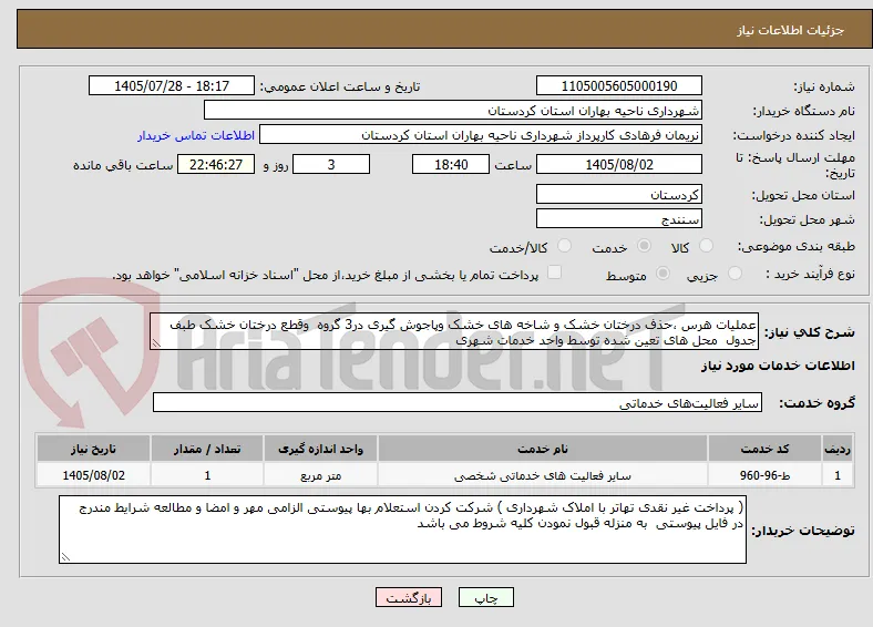 عملیات هرس ،حذف درختان خشک و شاخه های خشک وپاجوش گیری در3 گروه  وقطع درختان خشک طبف جدول  محل های تعین شده توسط واحد خدمات شهری 