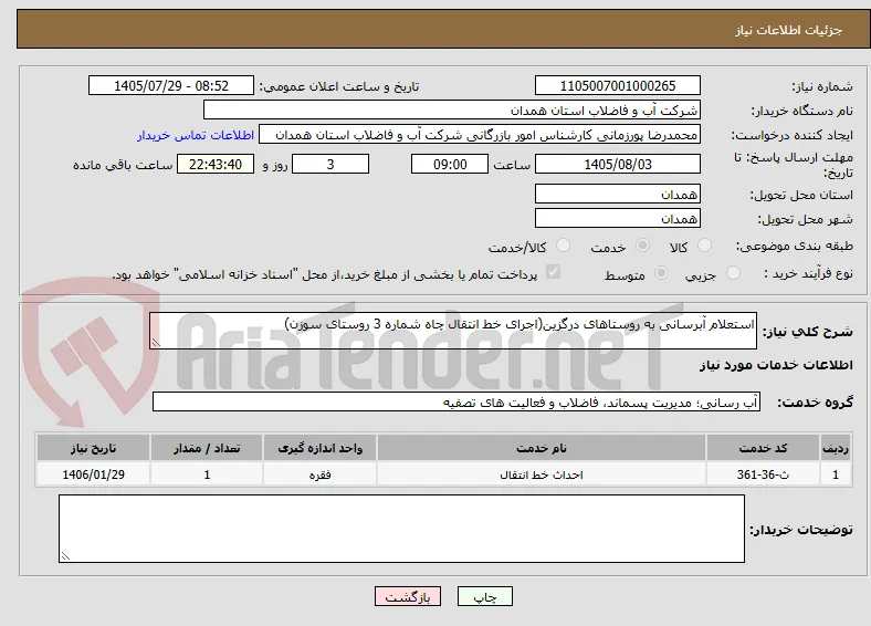 استعلام آبرسانی به روستاهای درگزین(اجرای خط انتقال چاه شماره 3 روستای سوزن)