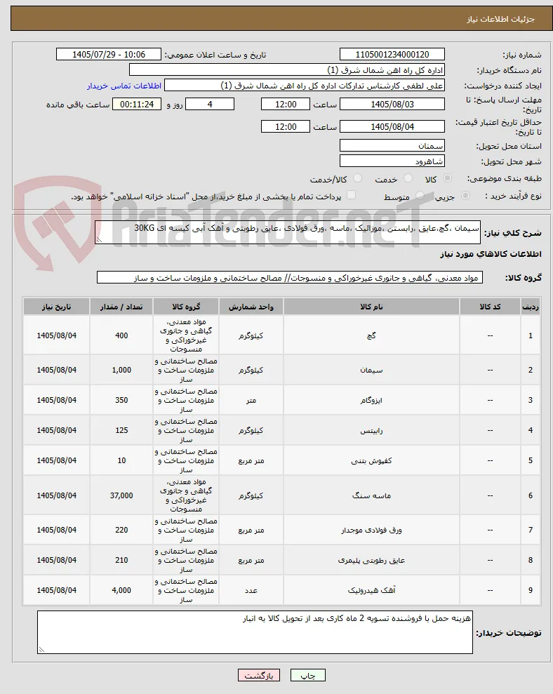 سیمان ،گچ،عایق ،رابستن ،موزائیک ،ماسه ،ورق فولادی ،عایق رطوبتی و آهک آبی کیسه ای 30KG 