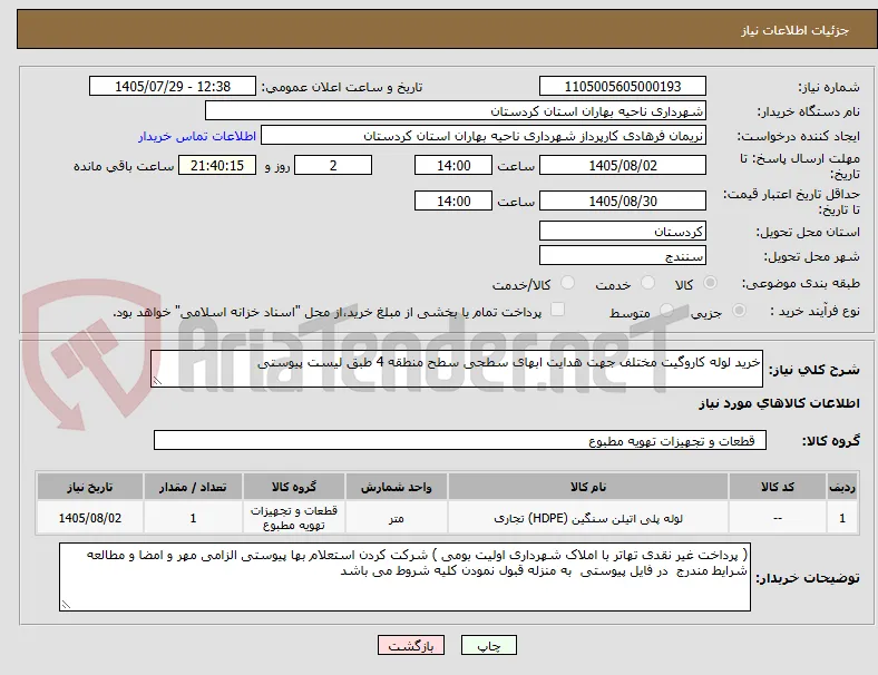 خرید لوله کاروگیت مختلف جهت هدایت ابهای سطحی سطح منطقه 4 طبق لیست پیوستی 