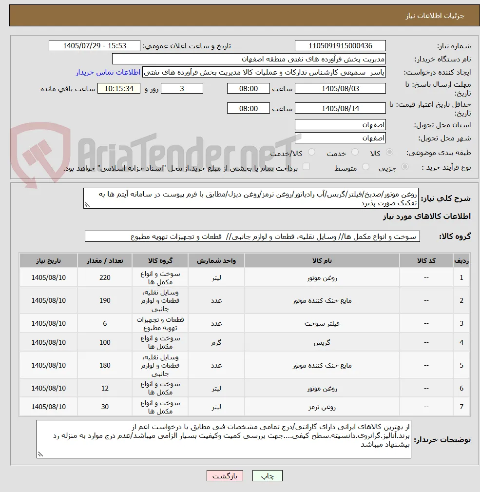روغن موتور/صدیخ/فیلتر/گریس/آب رادیاتور/روغن ترمز/روغن دیزل/مطابق با فرم پیوست در سامانه آیتم ها به تفکیک صورت پذیرد