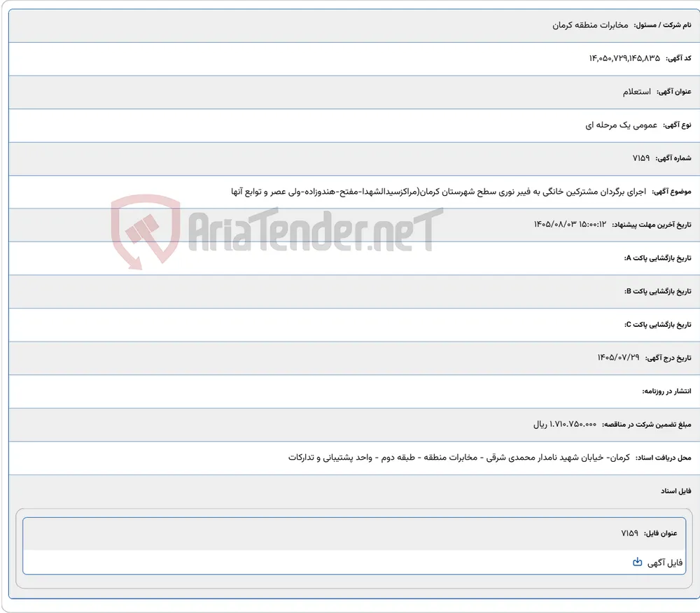 اجرای برگردان مشترکین خانگی به فیبر نوری سطح شهرستان کرمان(مراکزسیدالشهدا-مفتح-هندوزاده-ولی عصر و توابع آنها