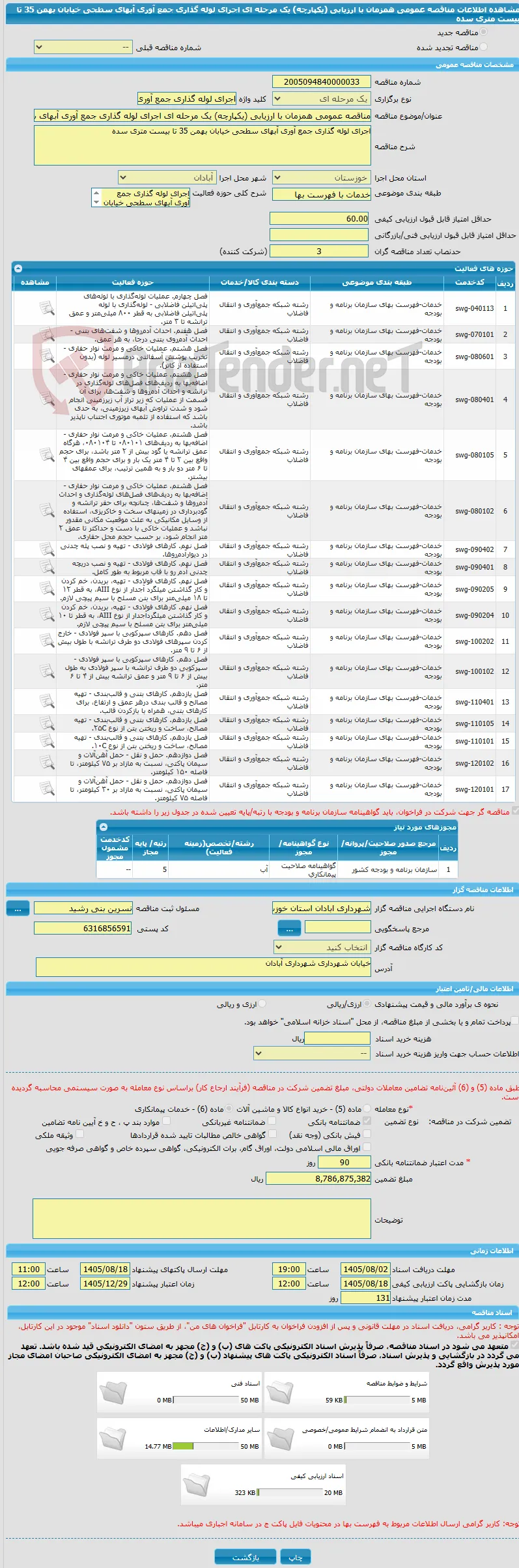 مناقصه عمومی همزمان با ارزیابی (یکپارچه) یک مرحله ای اجرای لوله گذاری جمع آوری آبهای سطحی خیابان بهمن 35 تا بیست متری سده