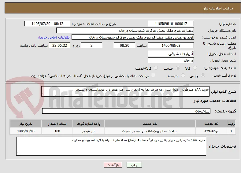 خرید ۱۸۸ مترطولی دیوار بتنی دو طرف نما به ارتفاع سه متر همراه با فونداسیون و ستون