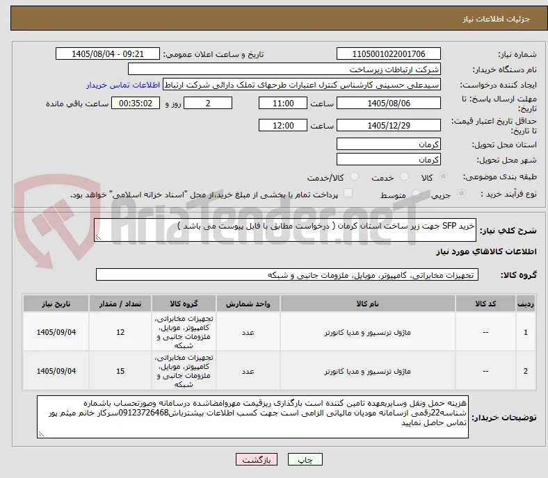 خرید SFP جهت زیر ساخت استان کرمان ( درخواست مطابق با فایل پیوست می باشد )