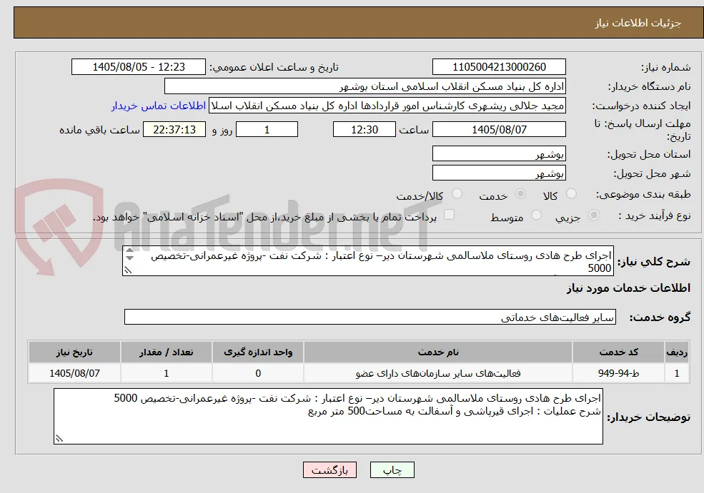 اجرای طرح هادی روستای ملاسالمی شهرستان دیر– نوع اعتبار : شرکت نفت -پروژه غیرعمرانی-تخصیص 5000
 قیرپاشی و آسفالت به مساحت500 متر مربع
